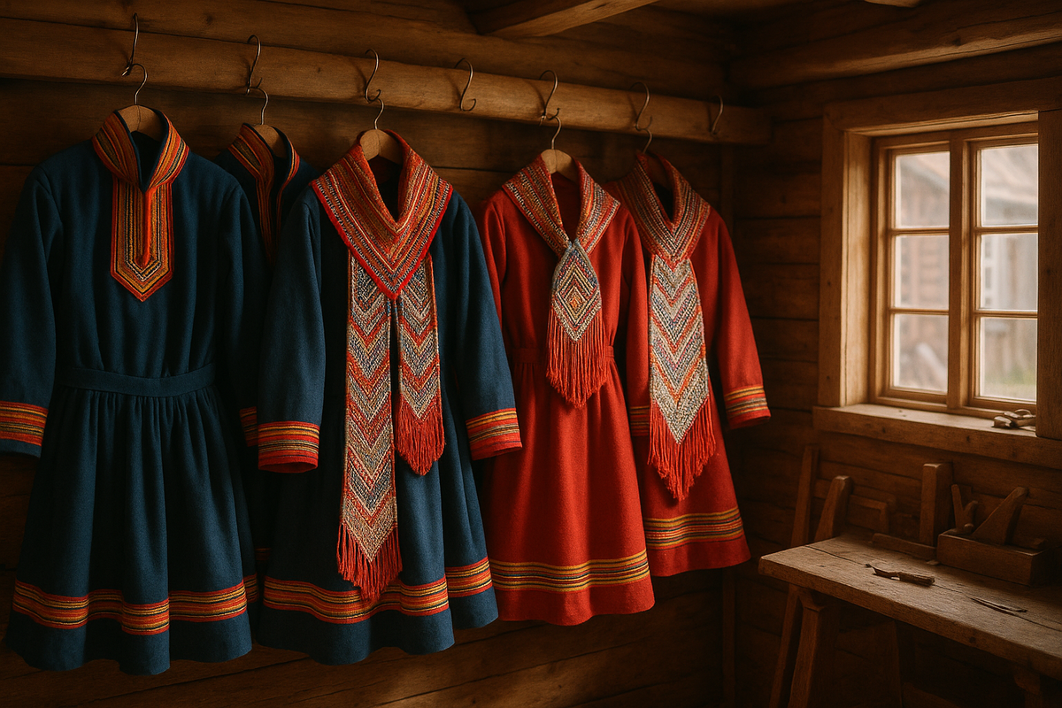 Traditional Sami clothing and beaded scarves in Lofoten.