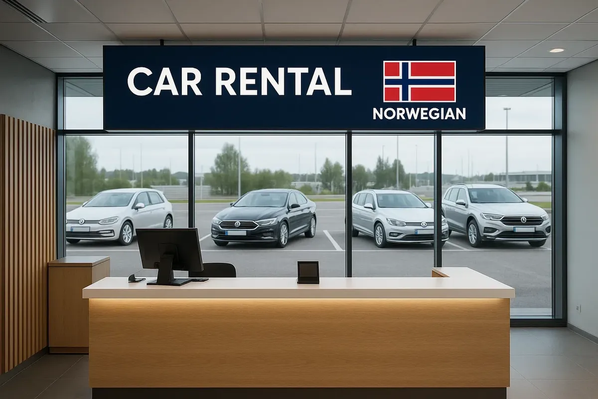 Сцена получения авто в аэропорту: стойки проката, порядок и современный интерьер.
