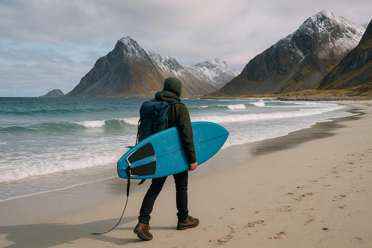 A person with a backpack and surfboard gazes at Arctic waves amid snowy peaks