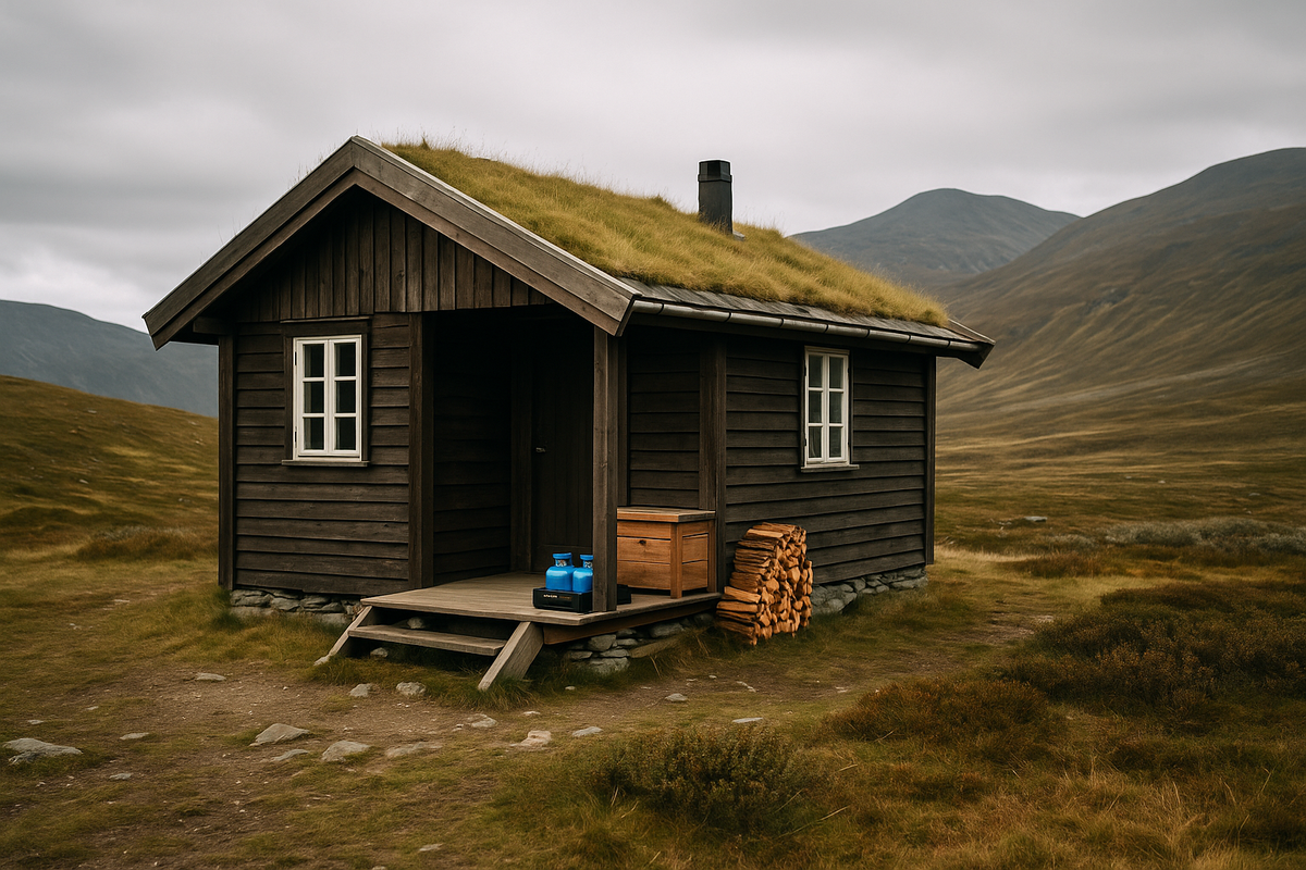 A remote tourist cabin with a wooden porch and spare gas canisters, hidden in Norway’s national park mountains.