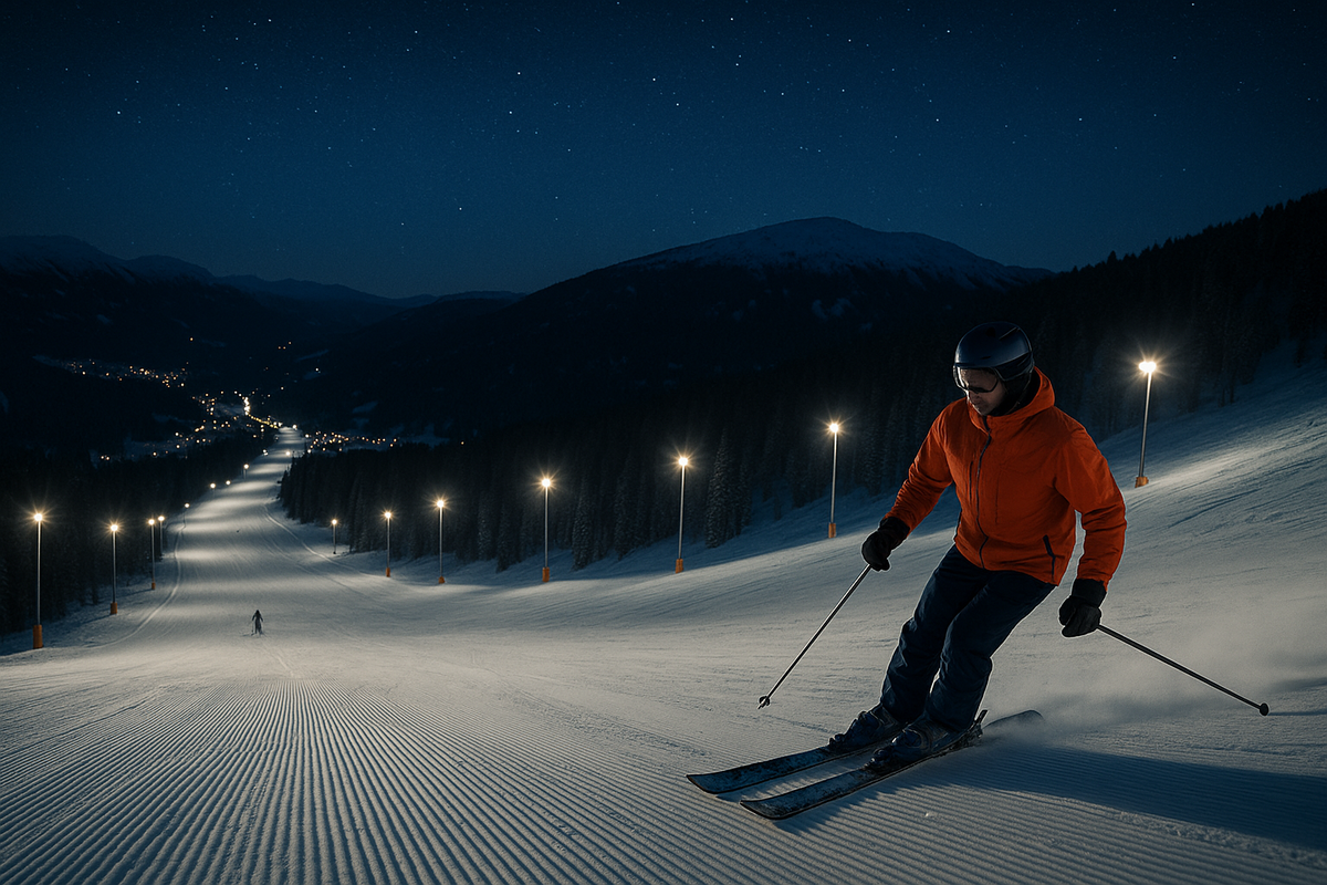 A skier in a bright jacket glides down a floodlit slope in Norway at night.