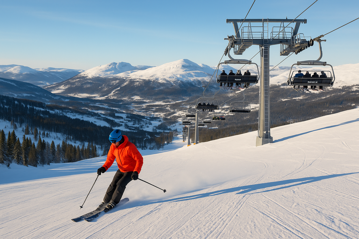 A snowboarder performs a trick in the expanded Trysil Snowpark with mountains in the background.