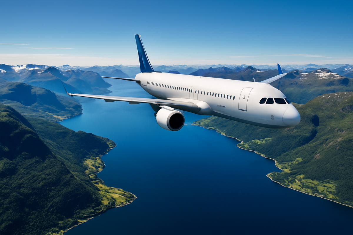 A passenger airplane is flying over fjords in clear weather.