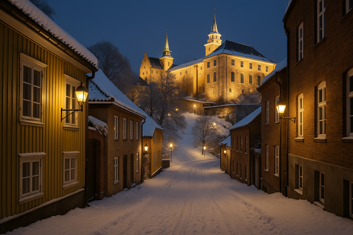 Akershus Fortress in Oslo with a snow-covered street and historic buildings warmly lit on a winter evening.
