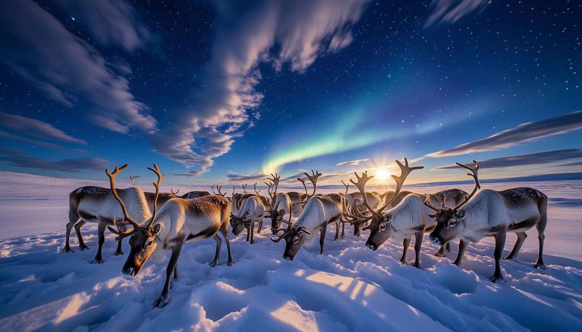 Northern reindeer under dancing lights - a symbol of the game of the North.