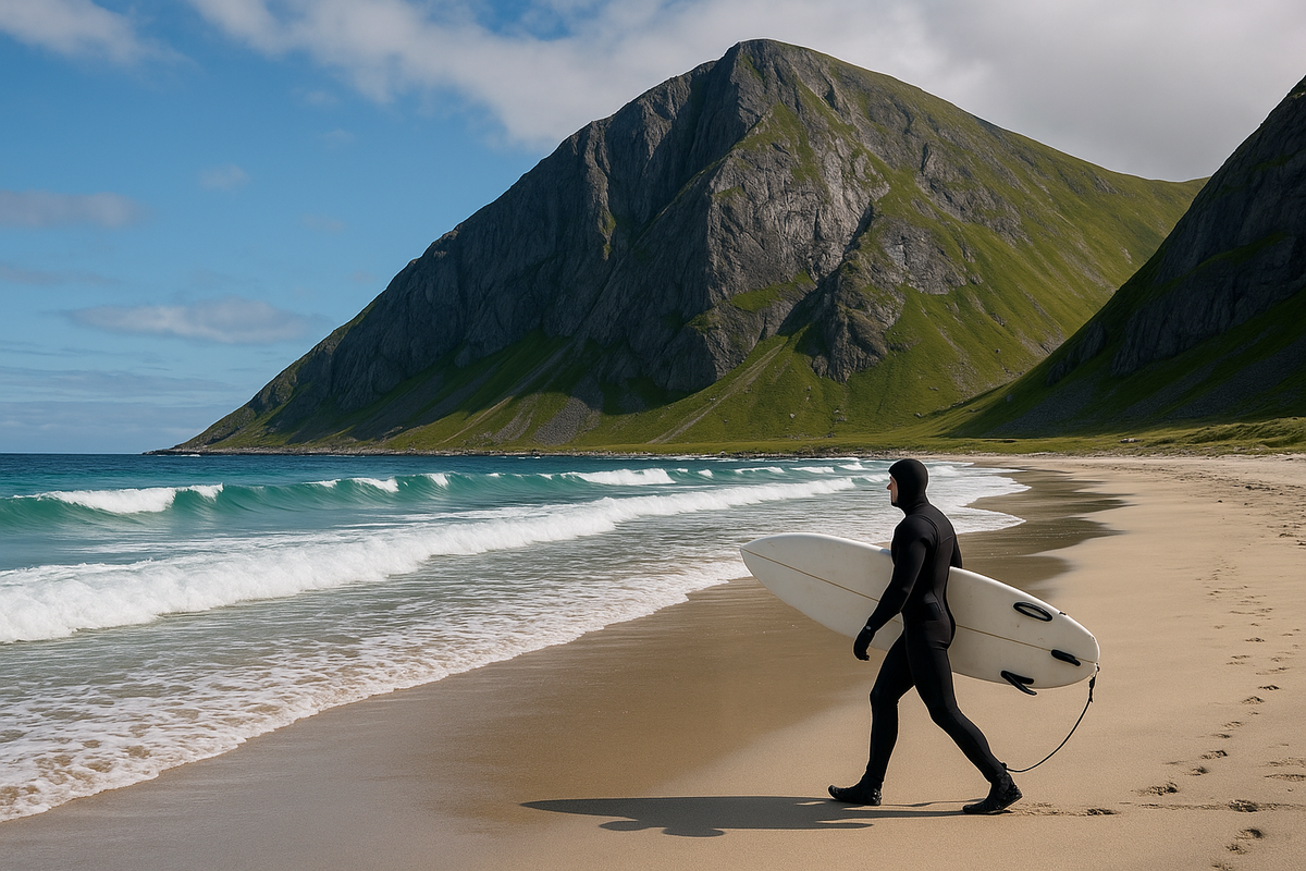A surfer in a wetsuit walks along Unstad Beach in Lofoten — Arctic waves and towering peaks form a stunning coastal backdrop.