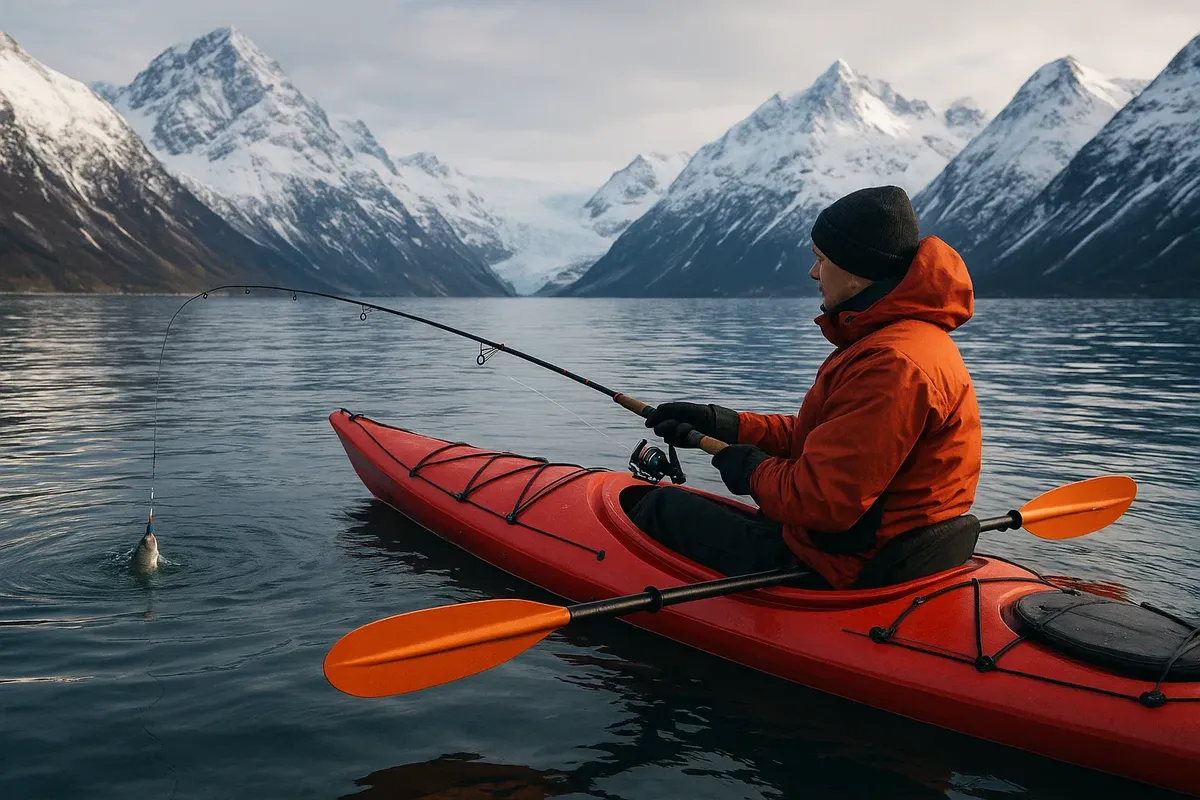 Kayaker angling for halibut on calm Lyngenfjord waters with dramatic Arctic mountains