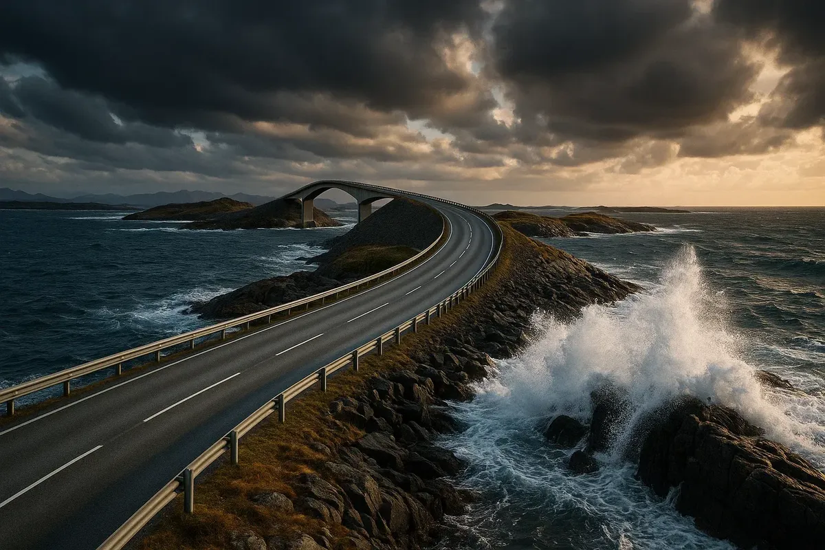 Атлантическая дорога: мосты над океаном, волны и эпичный изгиб трассы.