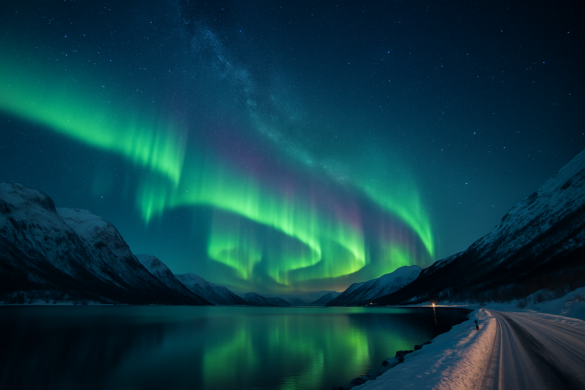 Bright aurora over a winter fjord with clear skies and reflections—the key ingredients for success.