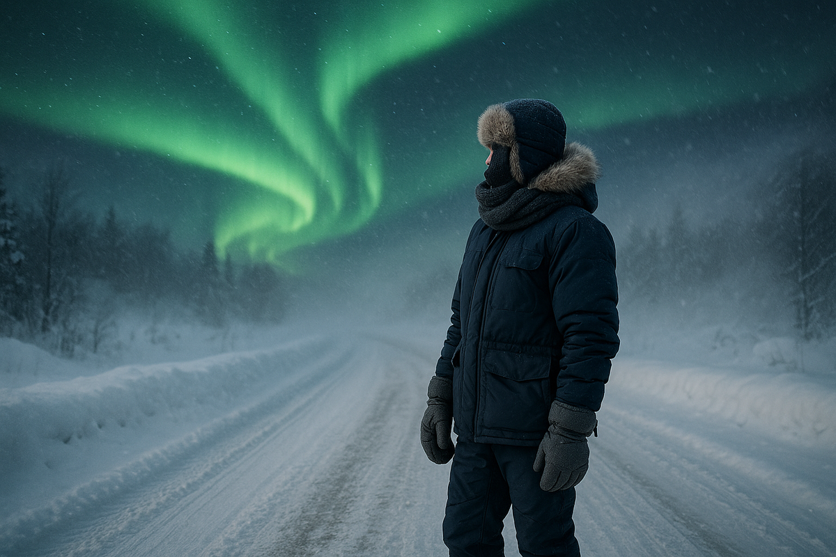 A traveler in heavy winter gear stands on a snow-covered road in blowing snow, watching vivid Northern Lights