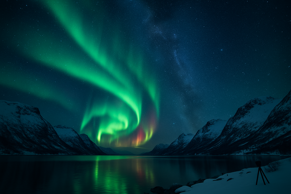 Bright aurora over a winter fjord and snowy peaks—visualizing the solar-cycle peak years.