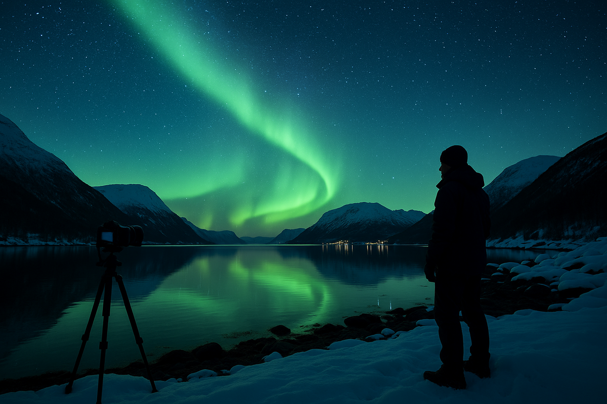 A tripod photographer and a drone capture the northern lights over a calm Norwegian fjord.