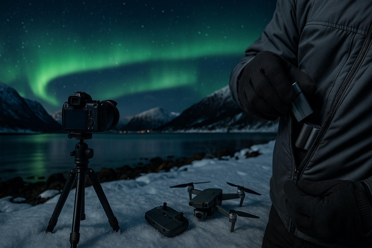 Tripod camera, warm spare batteries, and a ready drone beneath the northern lights.