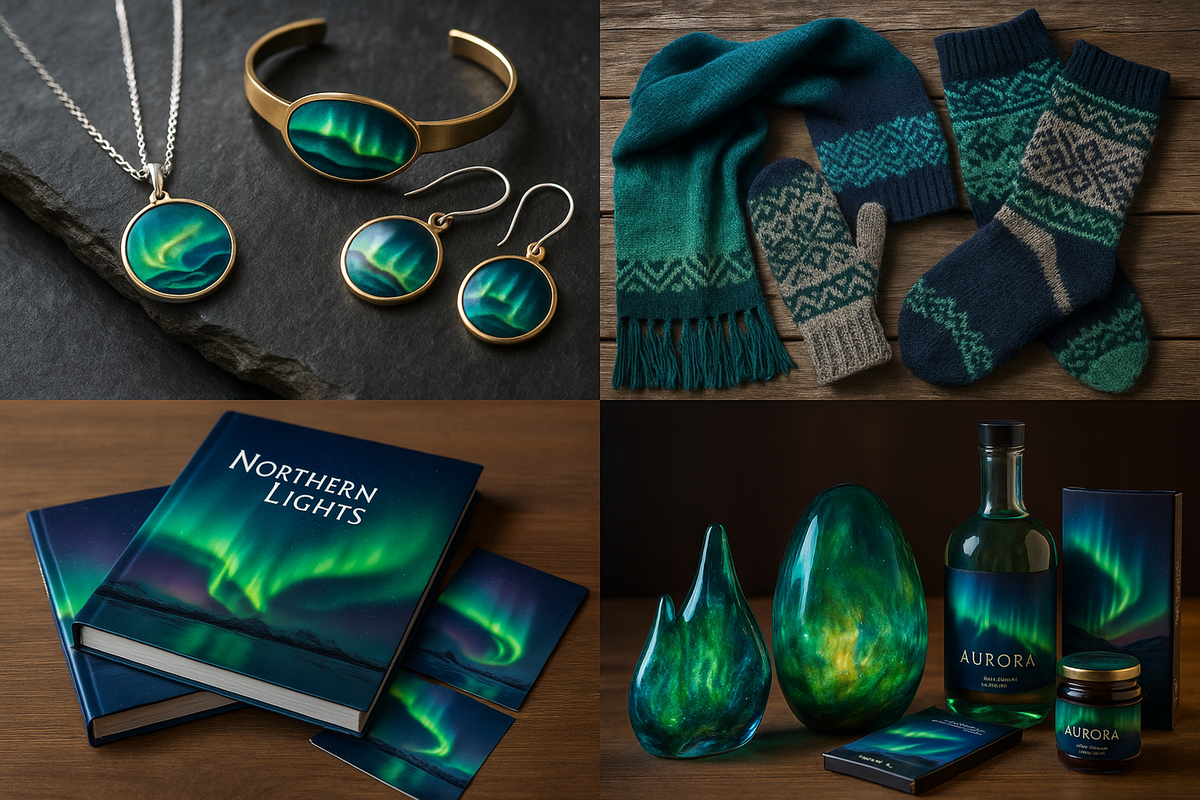 A curated set of Northern Lights–inspired souvenirs—jewelry, Nordic knitwear, glass art, photo books and local treats from Norway.