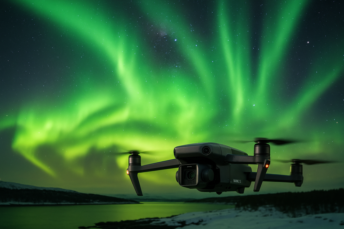 A drone hovers above a fjord beneath vivid northern lights on a clear polar night.