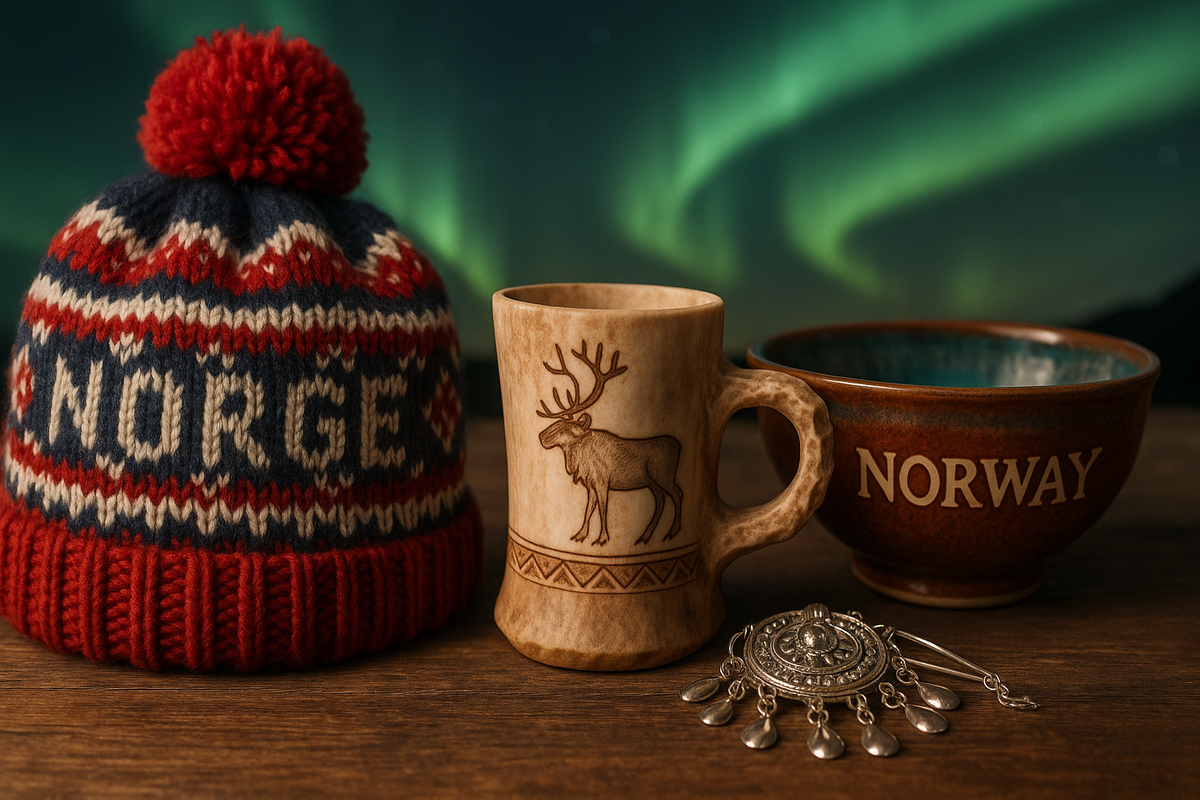 Authentic Norwegian souvenirs — wool hat, antler cup, ceramics and Sami jewelry.