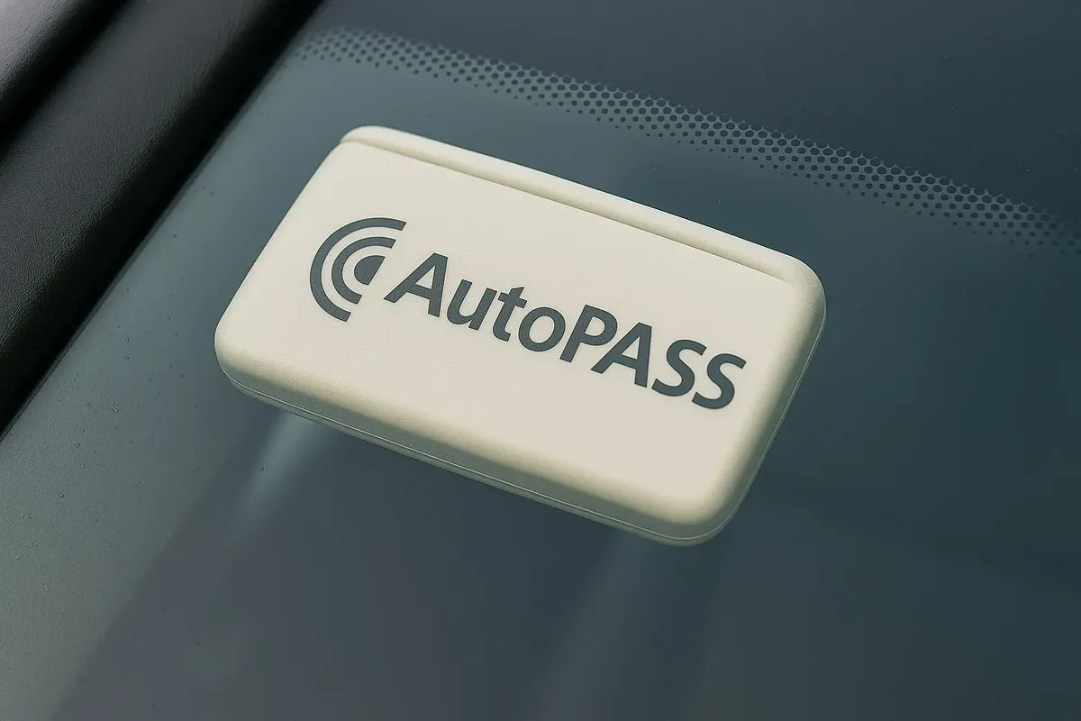 Крупный план метки AutoPASS, закреплённой на лобовом стекле