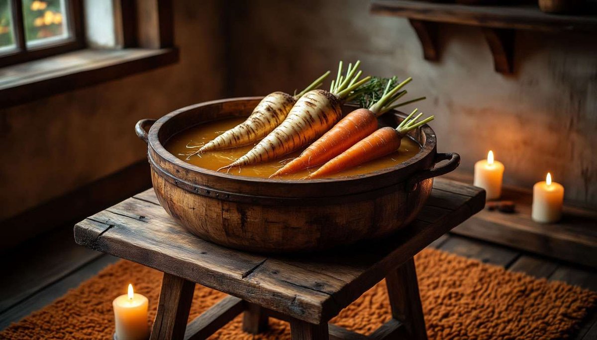 Comforting autumn fårikål stew surrounded by harvest vegetables.