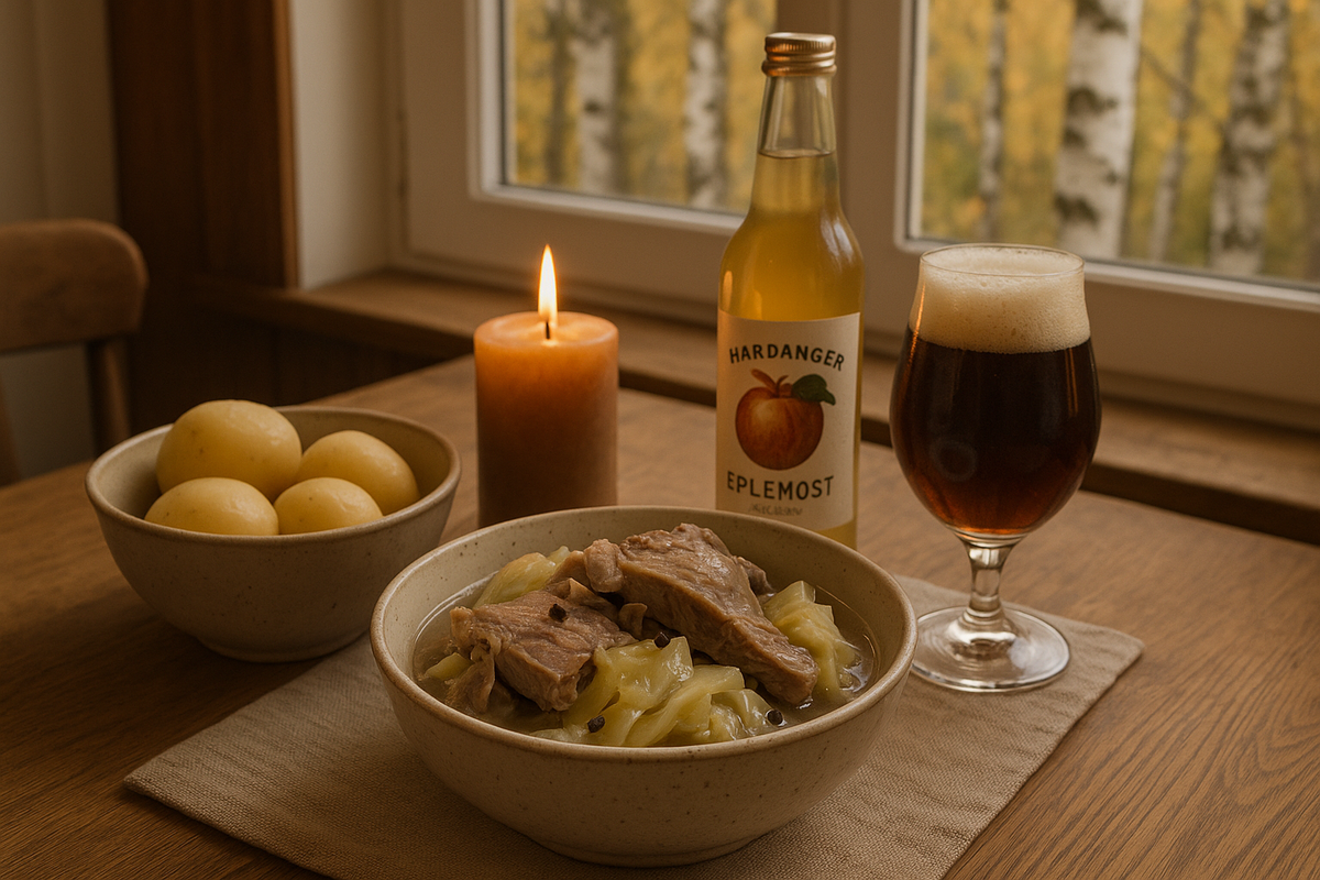 Warm wooden table by window showing golden birches; hearty bowl of fårikål with potatoes, apple must and juleøl pairing.