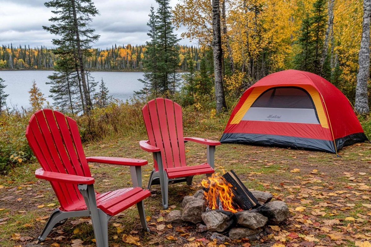 A red tent and two chairs by a campfire on a lakeshore in an autumn forest.