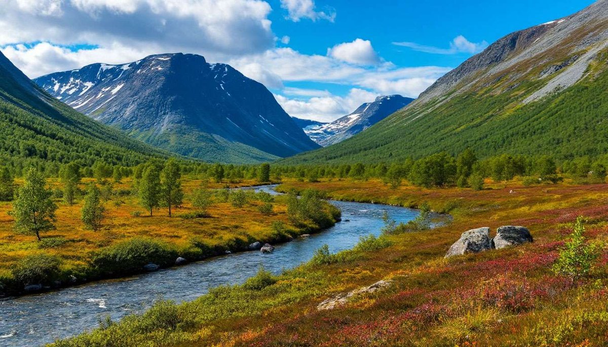 A river flows through autumn colors and mountains in the national park.