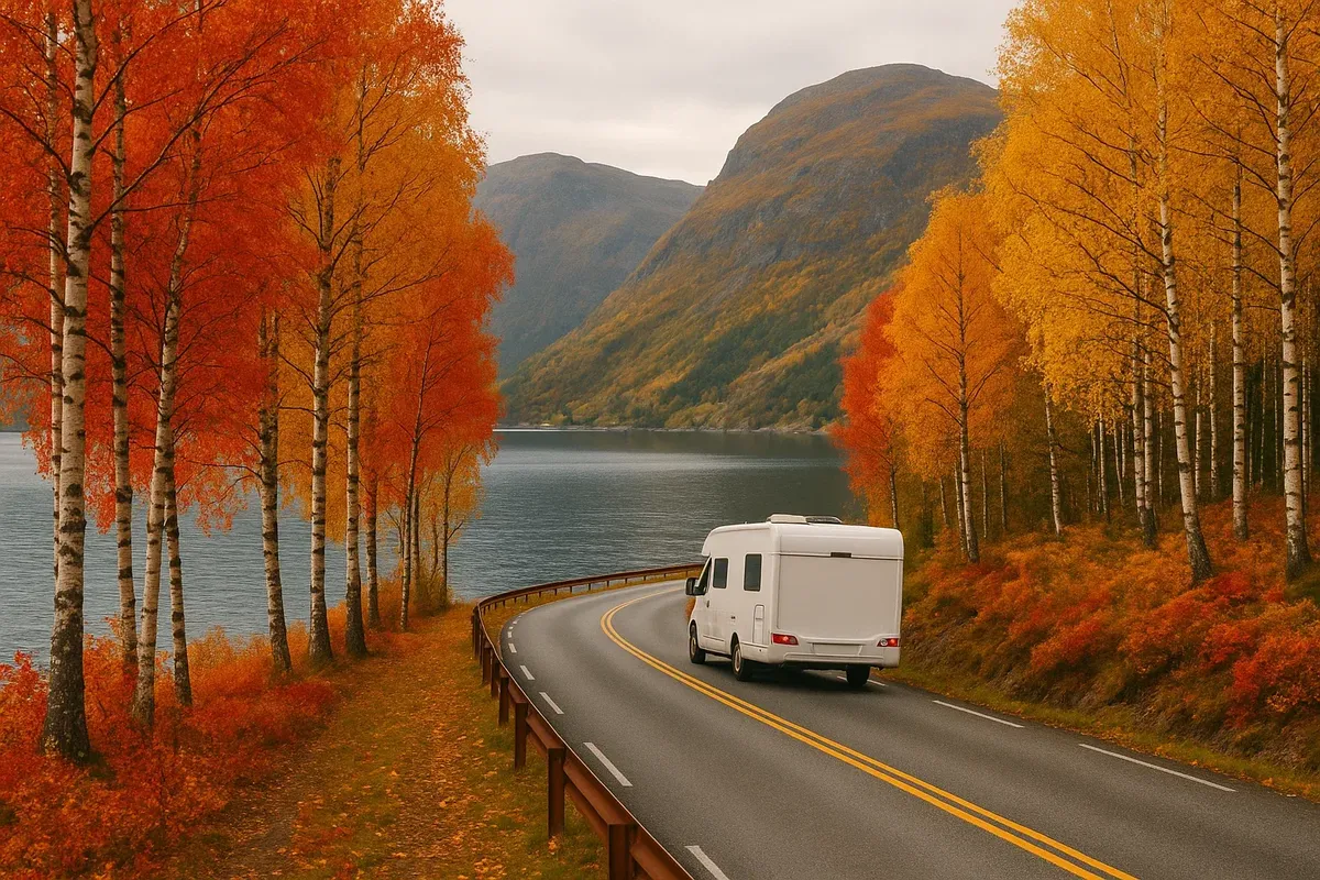 Осенний кемпер едет вдоль фьорда, берёзы в красно-золотой листве