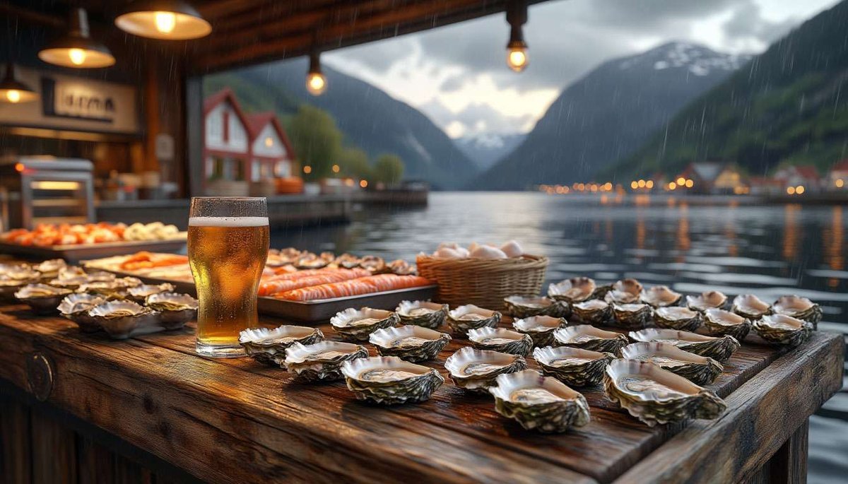 Bergen’s vibrant seafood market paired with Hardanger cider—essence of West Norway.