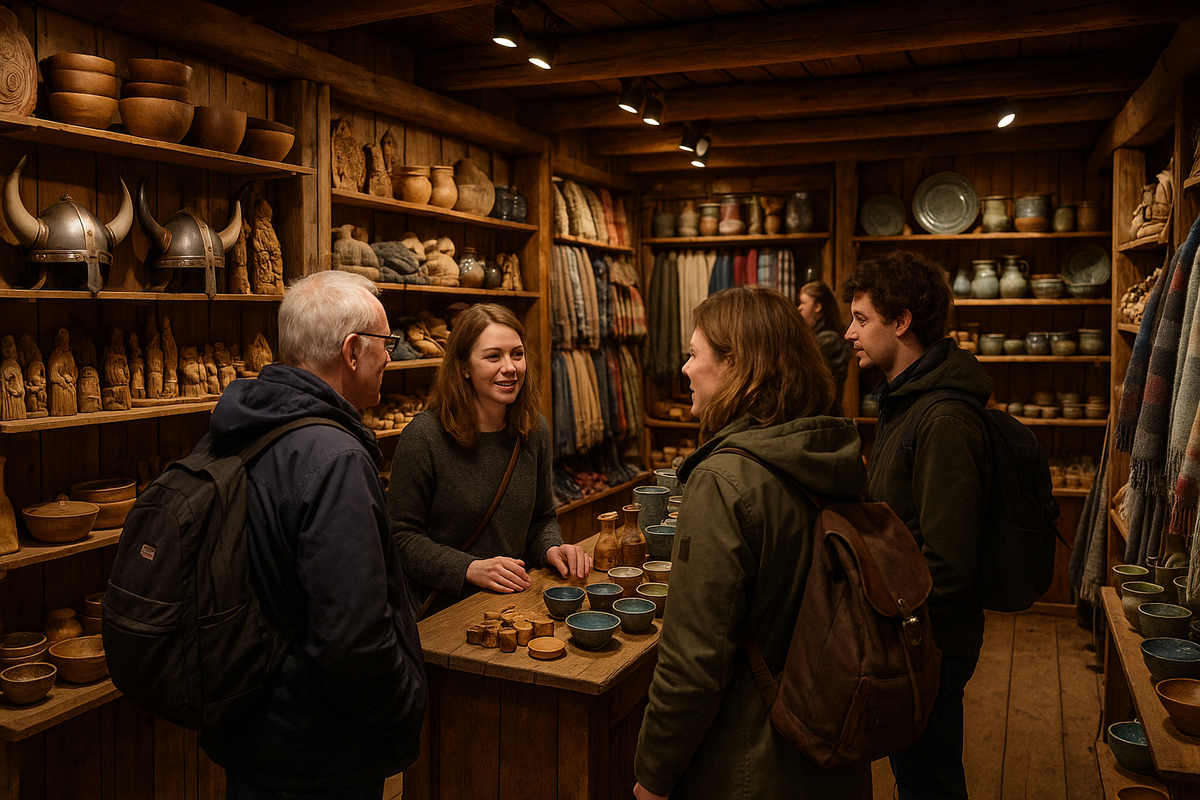 Souvenir shop in Bryggen (Bergen) with Viking goods and shoppers.