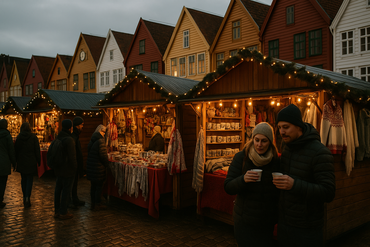 Bergen Christmas market at Bryggen with crafts, souvenirs and mulled wine.