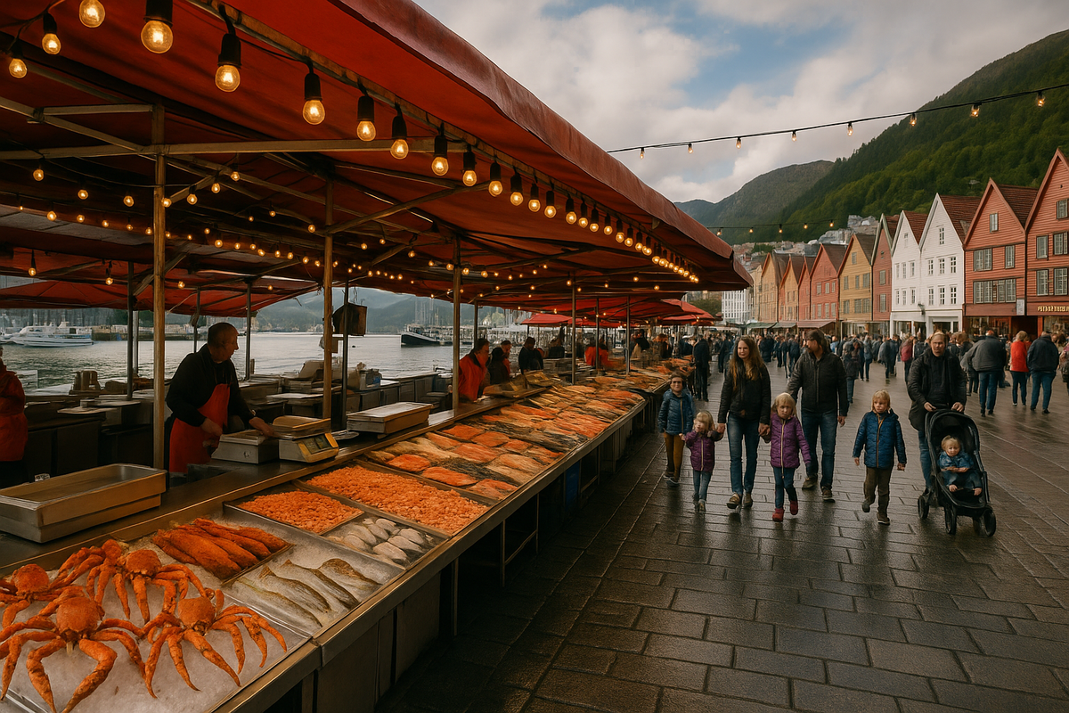 Bergen Fish Market by the waterfront with fjord views and seafood stalls.