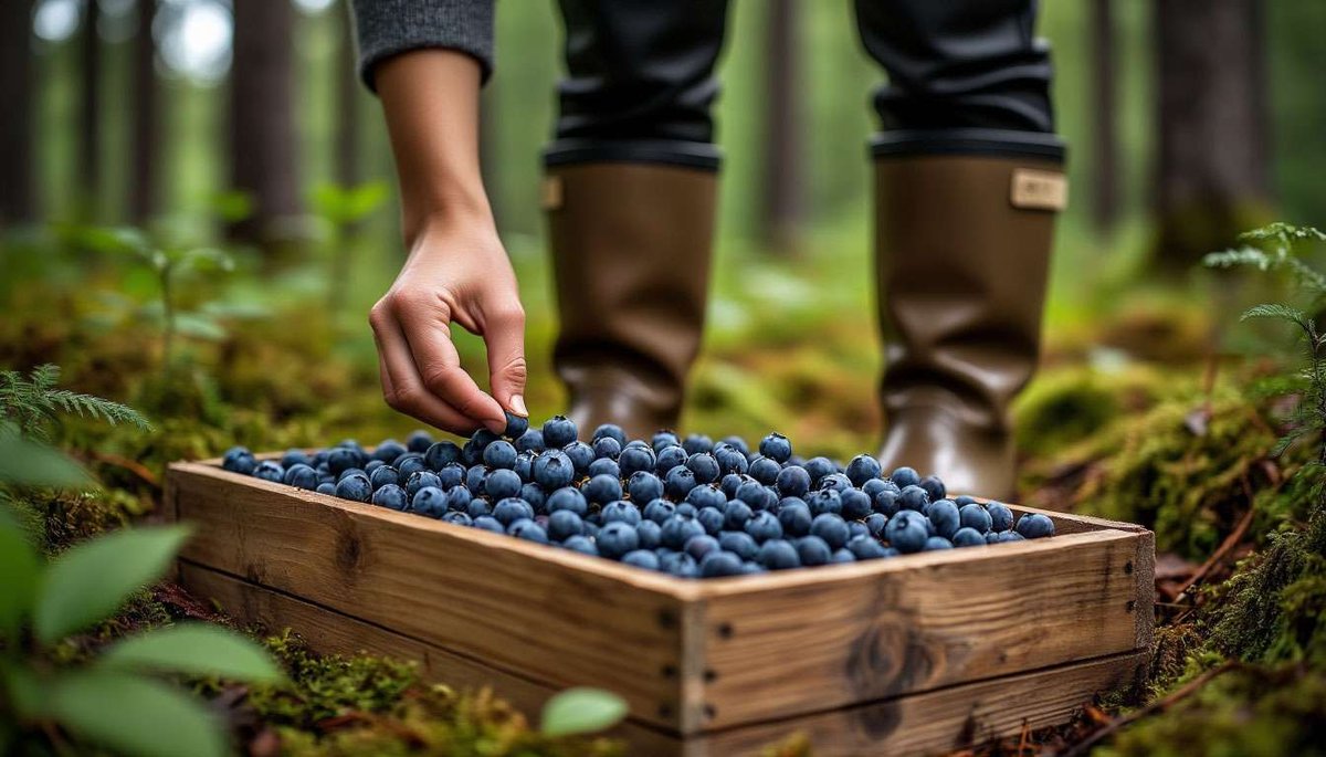 Berry foraging in Oslo-Marka—fresh bilberries drop into a wooden box as hikers taste the Scandinavian right to roam.