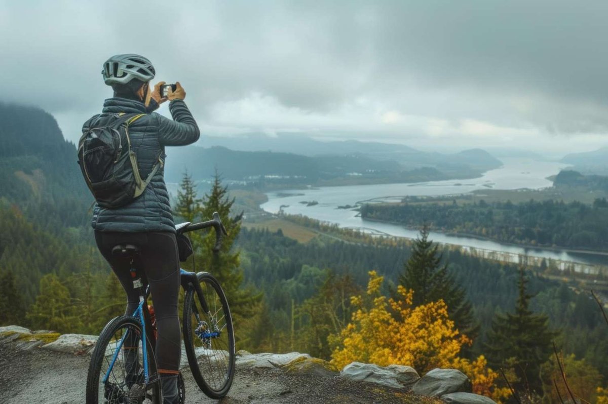 A cyclist takes a photo of the river and hills from a viewpoint.