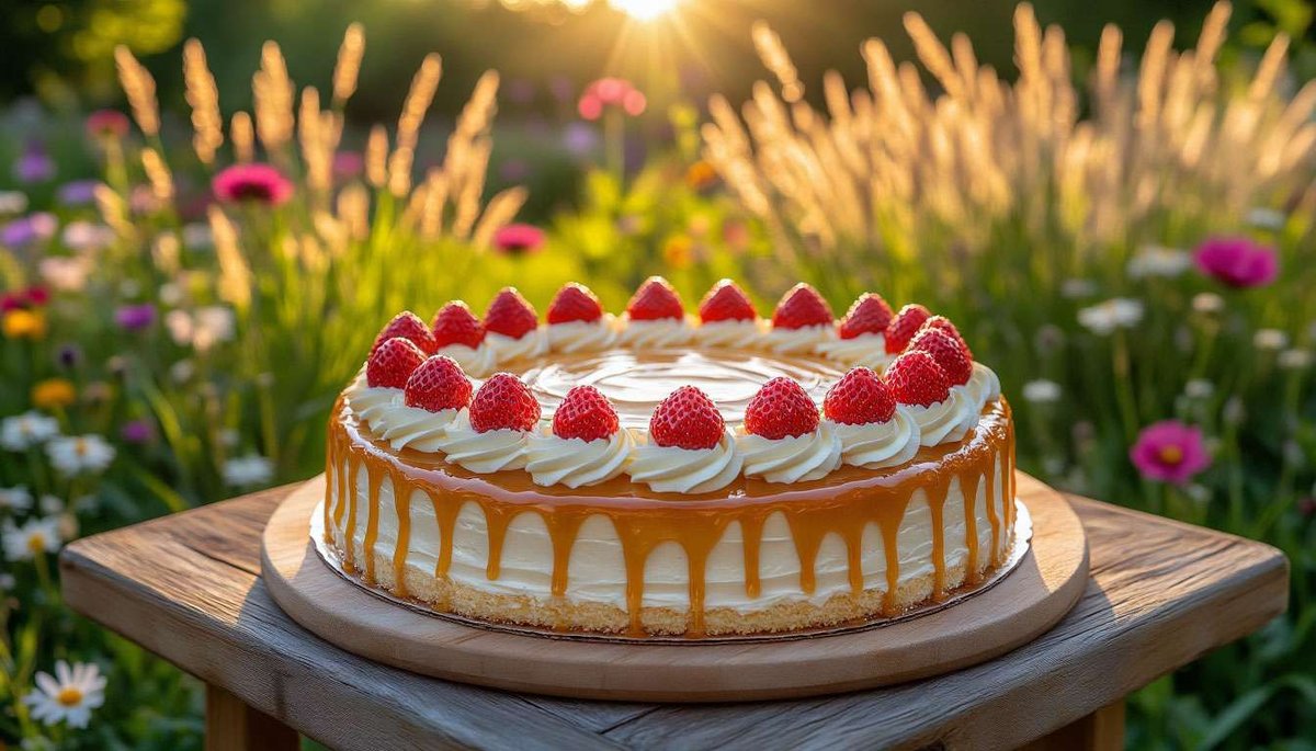 Classic Bløtkake crowned with fresh strawberries—Norway’s summertime celebration cake in full bloom.