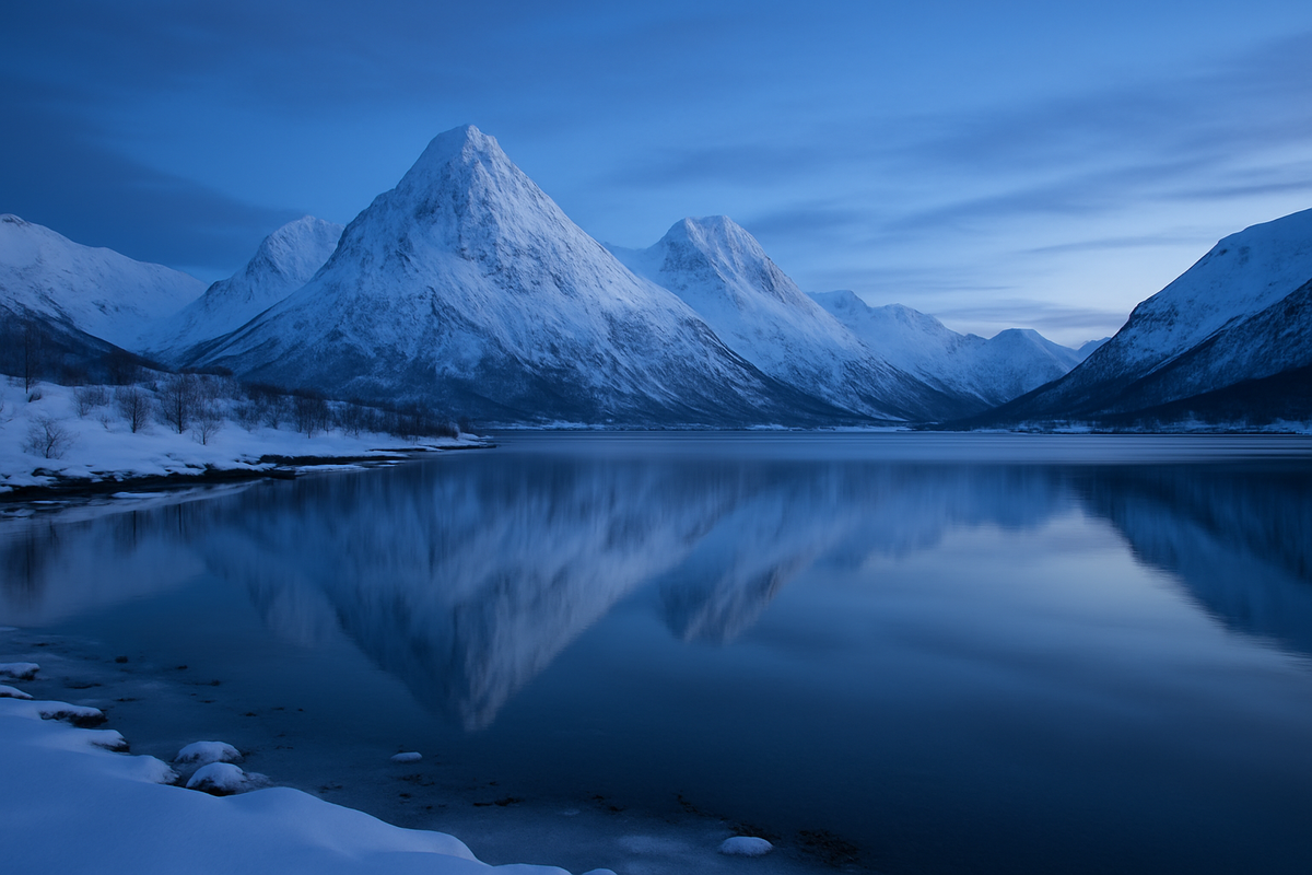 Snowy peaks reflected in still fjord waters during the blue hour — the final note of Norway’s winter fairytale