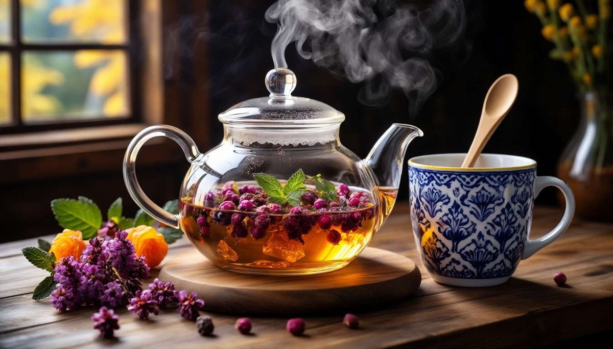 Brewing ritual: vibrant infusion of Arctic herbs, steam swirling into cozy Scandinavian kitchen scene.