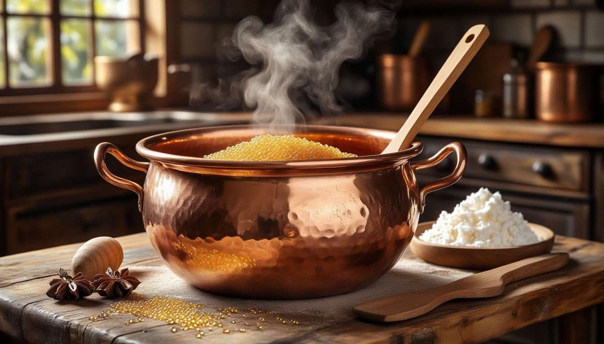 Sizzling whey caramelizing in a copper pot—the magic moment when brunost gains its colour and sweetness.