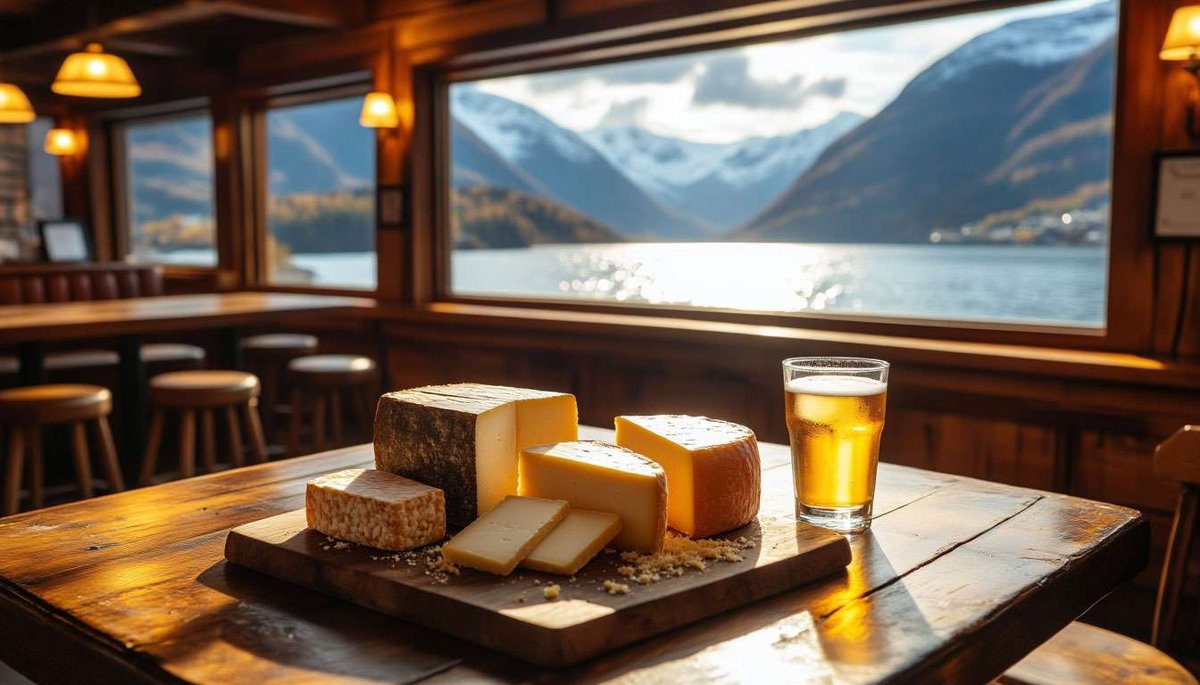 A brunost tasting flight paired with Hardanger cider, enjoyed against the backdrop of Bergen’s serene fjord.