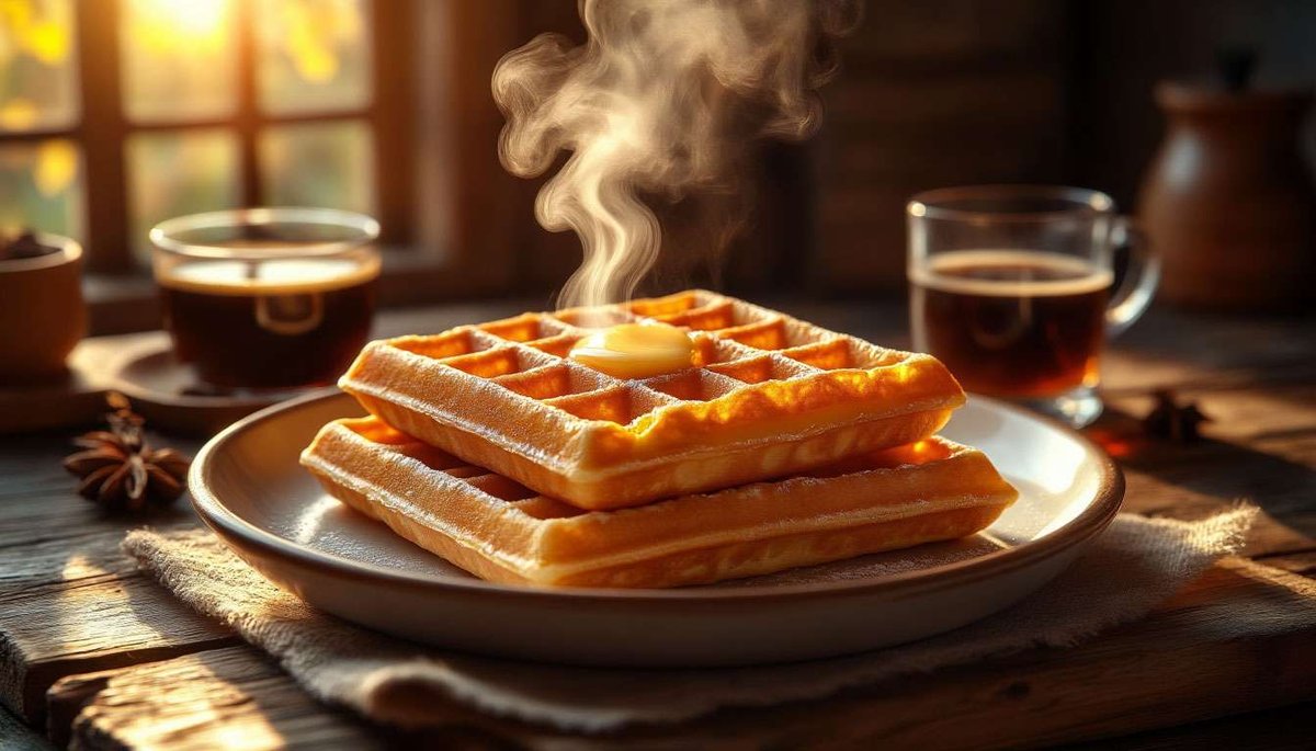 Sweet caramel brunost softening atop a warm waffle, the quintessential Norwegian breakfast treat.