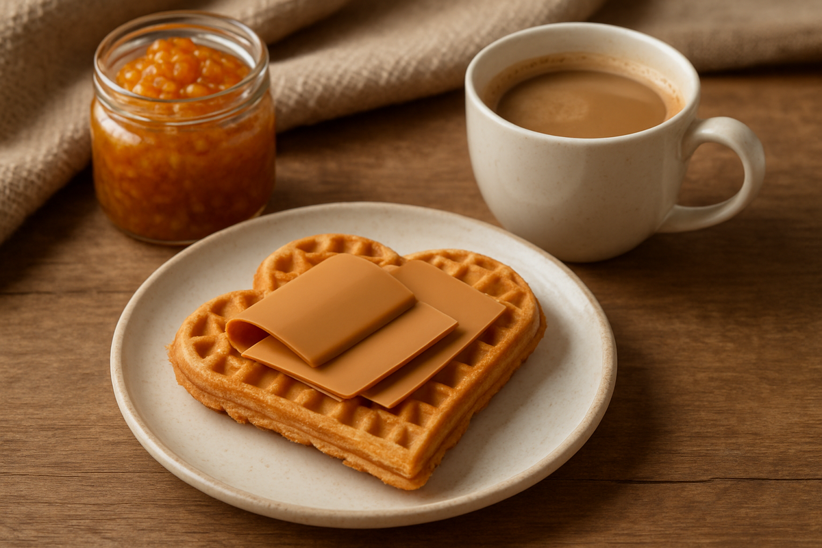 Sweet Norwegian brunost ribbons melting over warm waffle hearts with filter coffee and cloudberry jam in soft morning light.