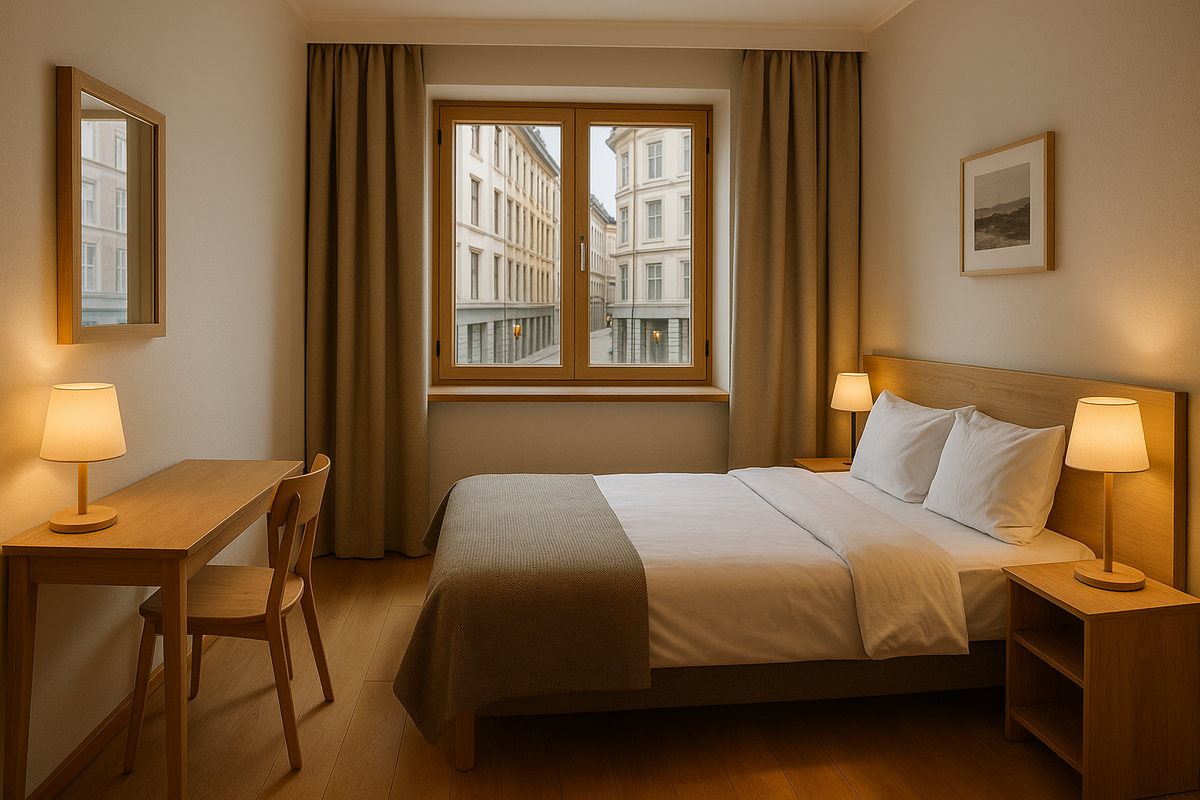 Budget hotel room in Oslo with Scandinavian design and wooden furniture.