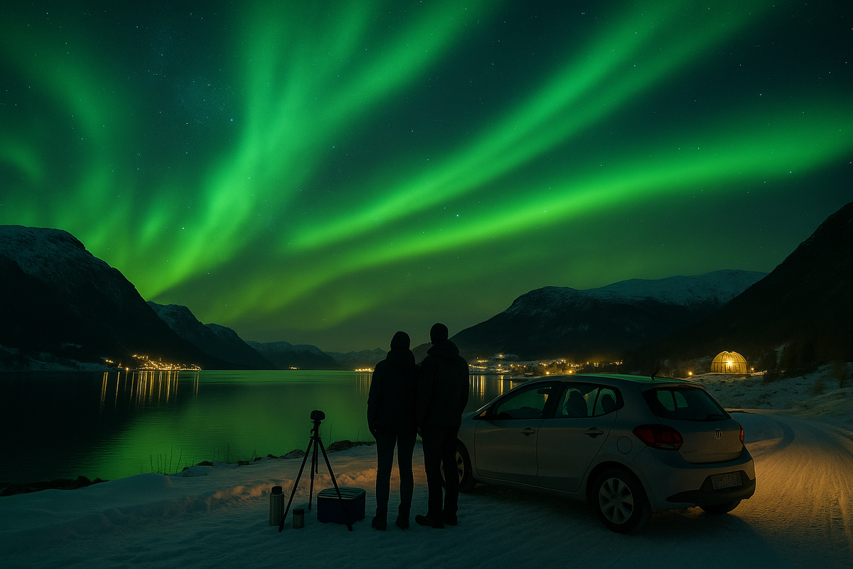 A couple by a rental car watches the aurora over a fjord — a nod to private tours, savings, and route flexibility.