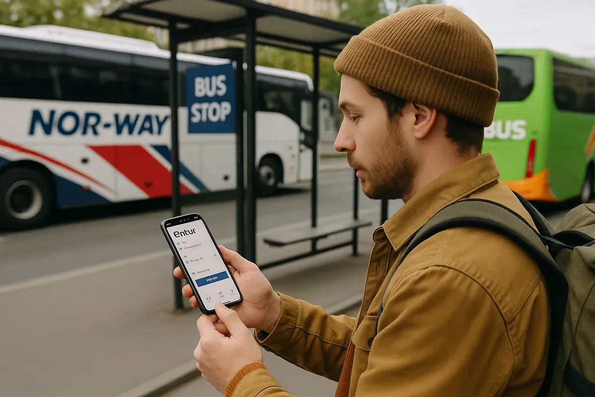 Турист с телефоном (Entur app) у автобусной остановки с рейсами Nor-Way и FlixBus