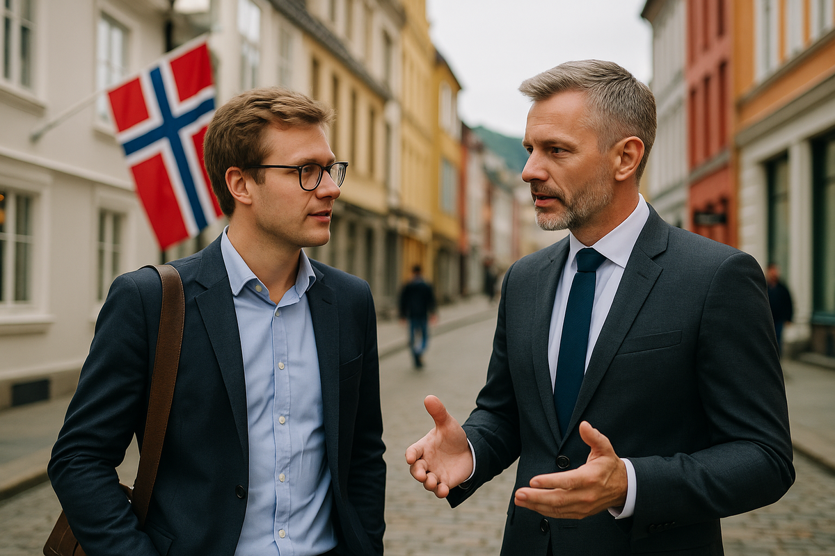 Two businessmen converse on a street in Norway, with a Norwegian flag and colorful buildings in the background.