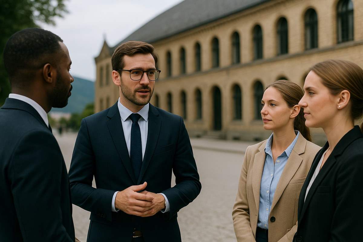 Four people in business attire converse in front of a historic Norwegian building, symbolizing respect for culture and traditions.