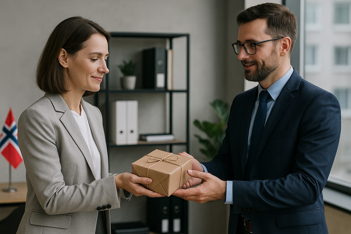 A man and a woman in a business setting exchange a gift in an office with a Norwegian flag.