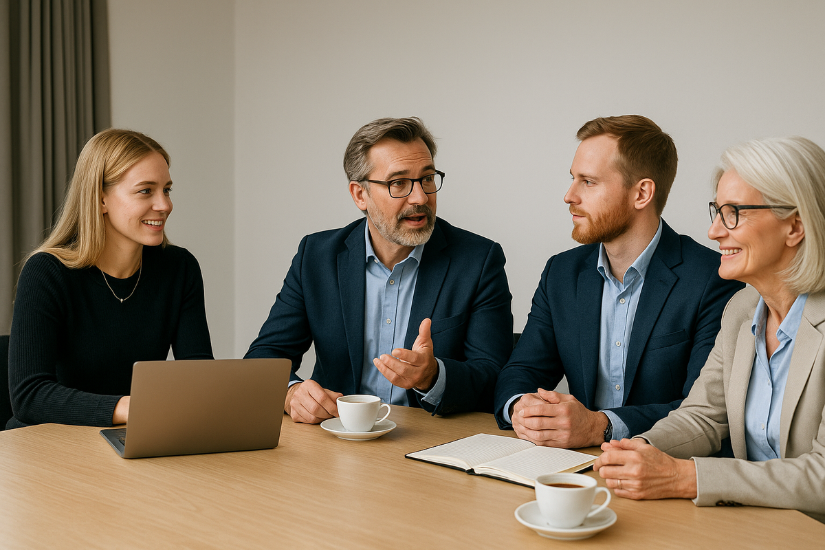 A business meeting in a modern conference room, with four colleagues discussing a project over a table with a laptop and coffee.