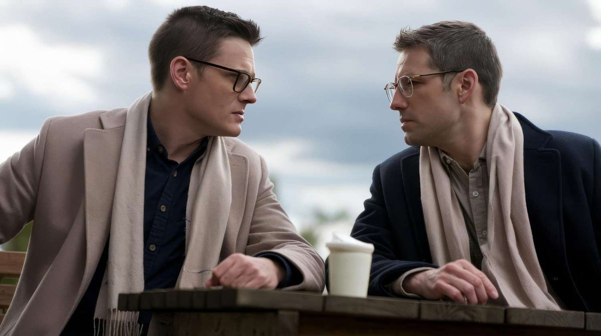 Two men in coats and scarves talk at a table outdoors.