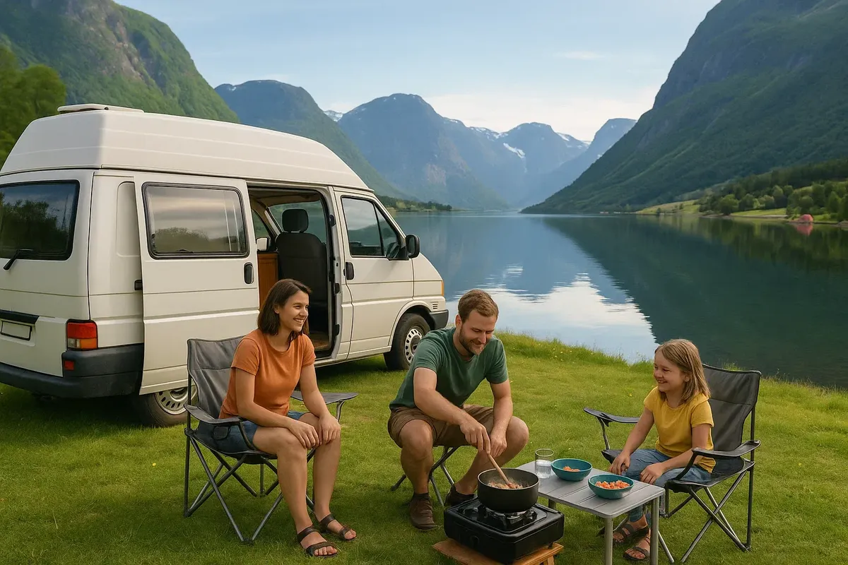 Летний кемпер на кемпинге у фьорда: семья готовит еду, пейзаж отражается в воде.