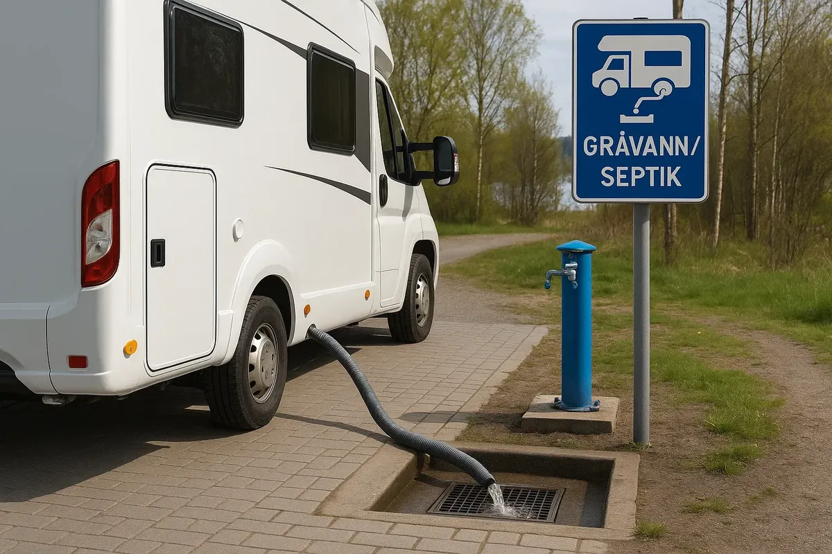 Иллюстрация инфраструктуры: кемпер сливает «серую» воду на станции с иконкой RV+шланг