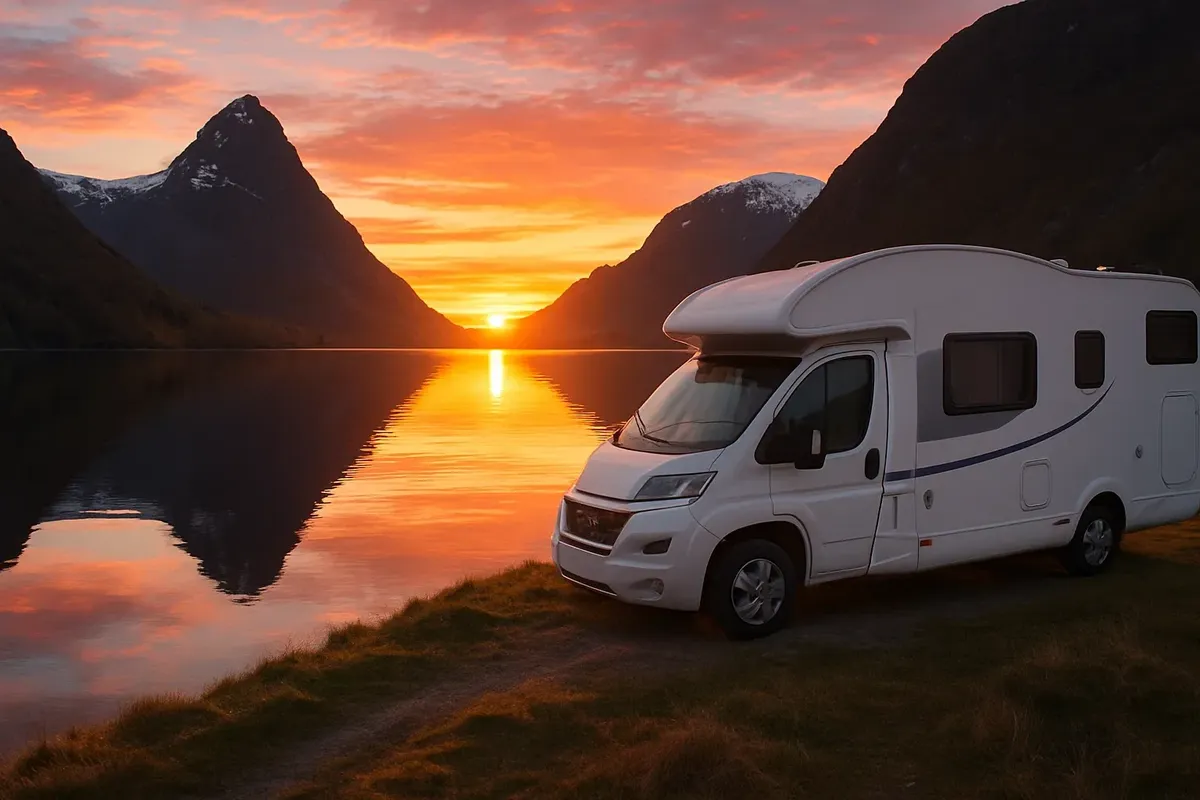 Кемпер на стоянке у фьорда на рассвете, отражение гор в воде